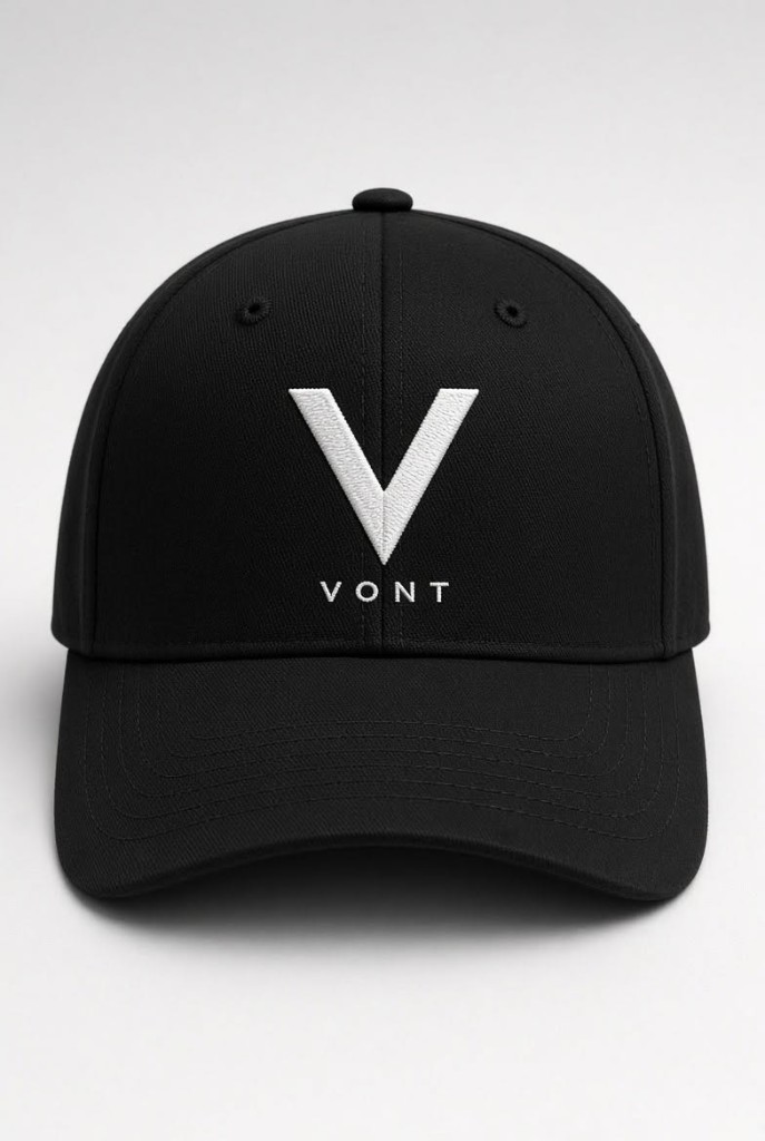 Black baseball cap with a white embroidered V and the word Vont on the front