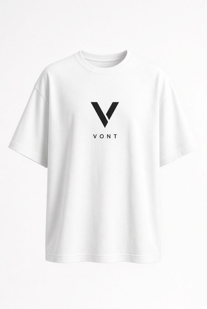 White crewneck tee with a black geometric V and the word Vont centered on the chest